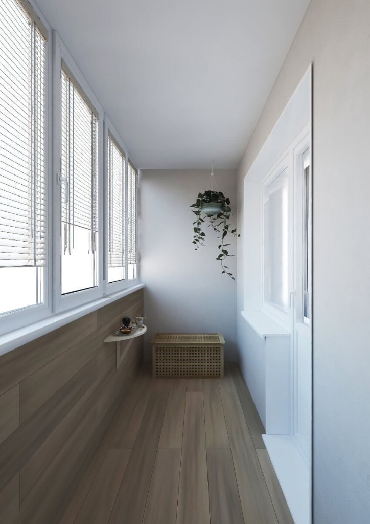 Узкая лоджия: отделка стен панелями под дерево, ламинат на полу, белое ПВХ-остекление